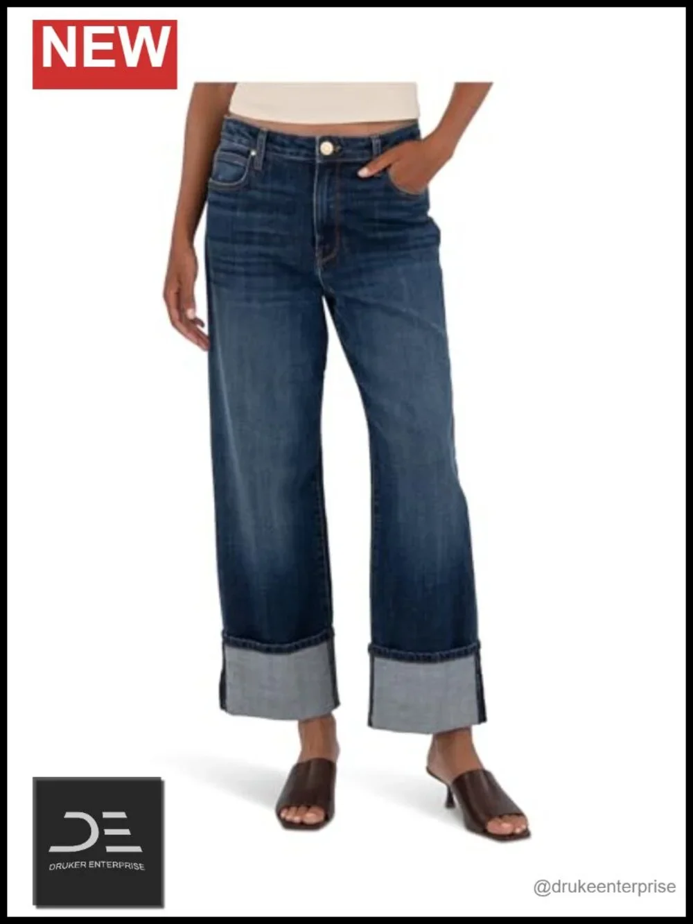 High Rise Straight Leg Jeans with Roll-Up Hem, Stretch Cotton Blend